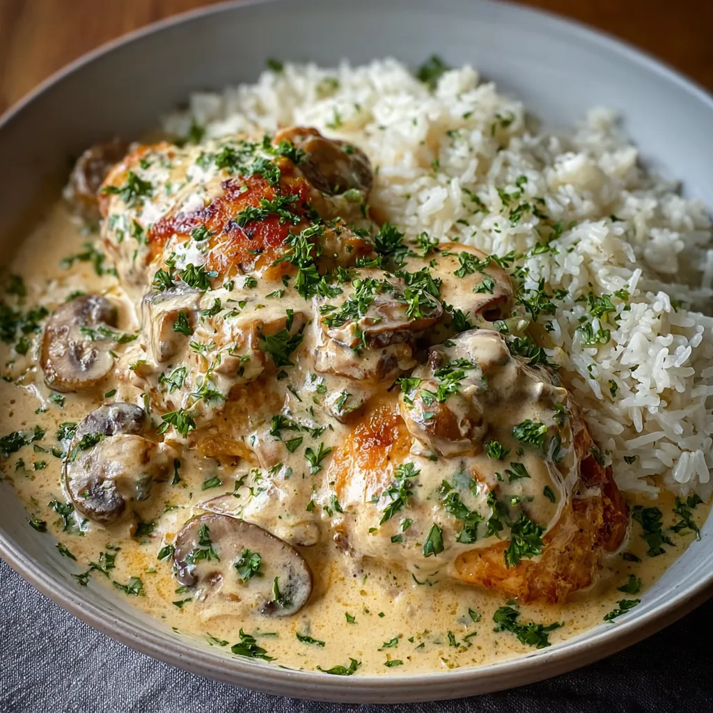 A close-up view of Creamy Smothered Chicken And Rice, showcasing the creamy sauce and tender chicken pieces.