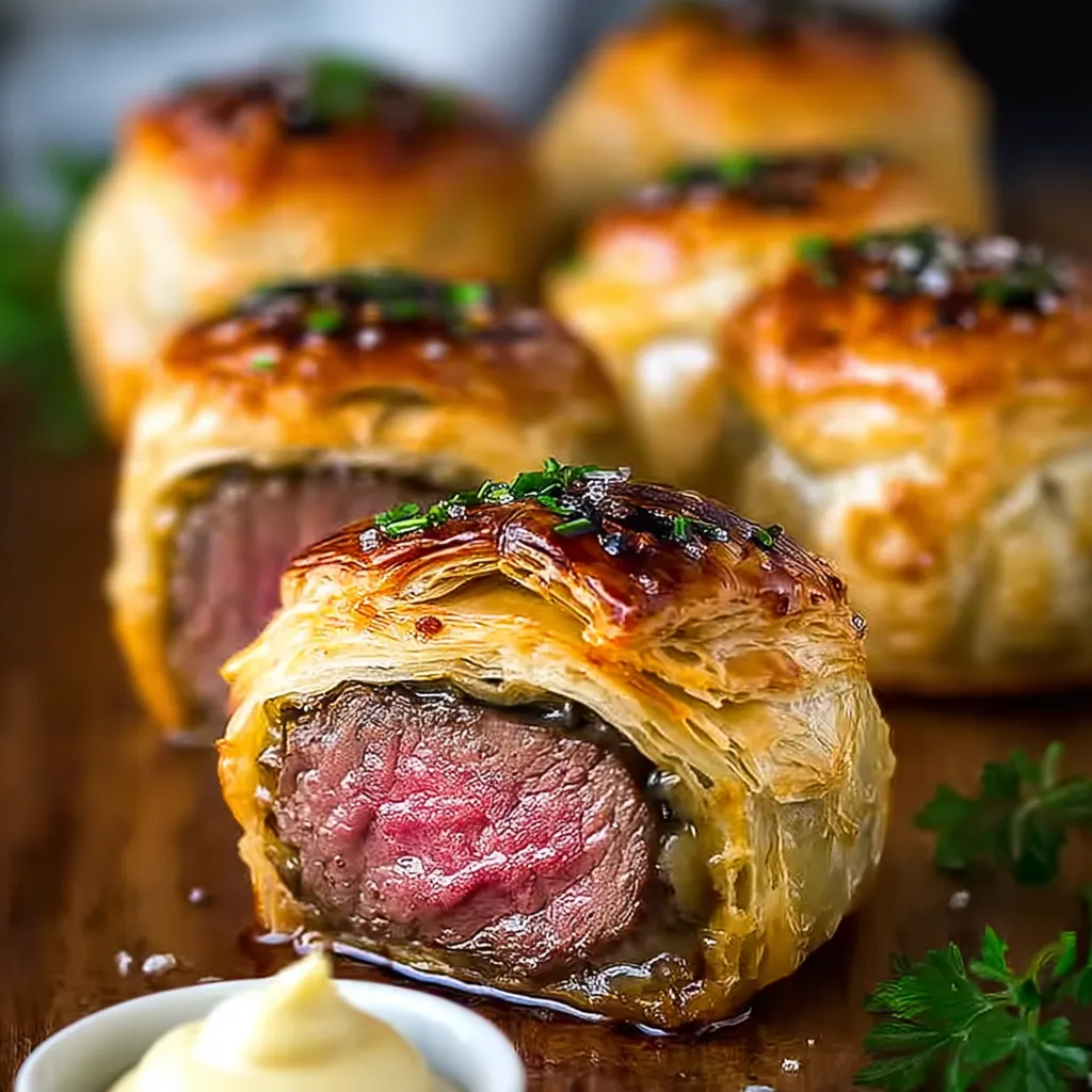 Close-up shot showcasing perfectly browned and flaky Mini Beef Wellingtons, ready to be served.