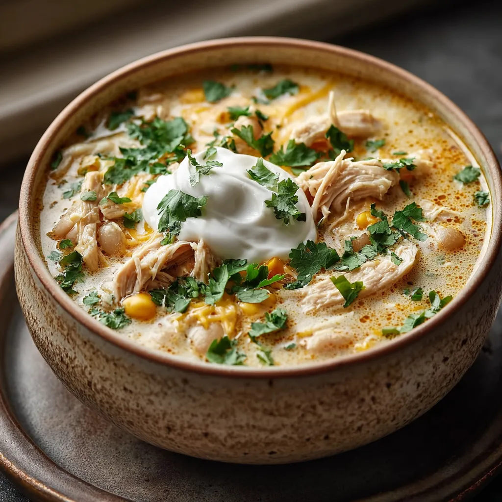 Close-up shot of a steaming bowl of White Chicken Chili, showcasing the creamy broth and tender chicken pieces.