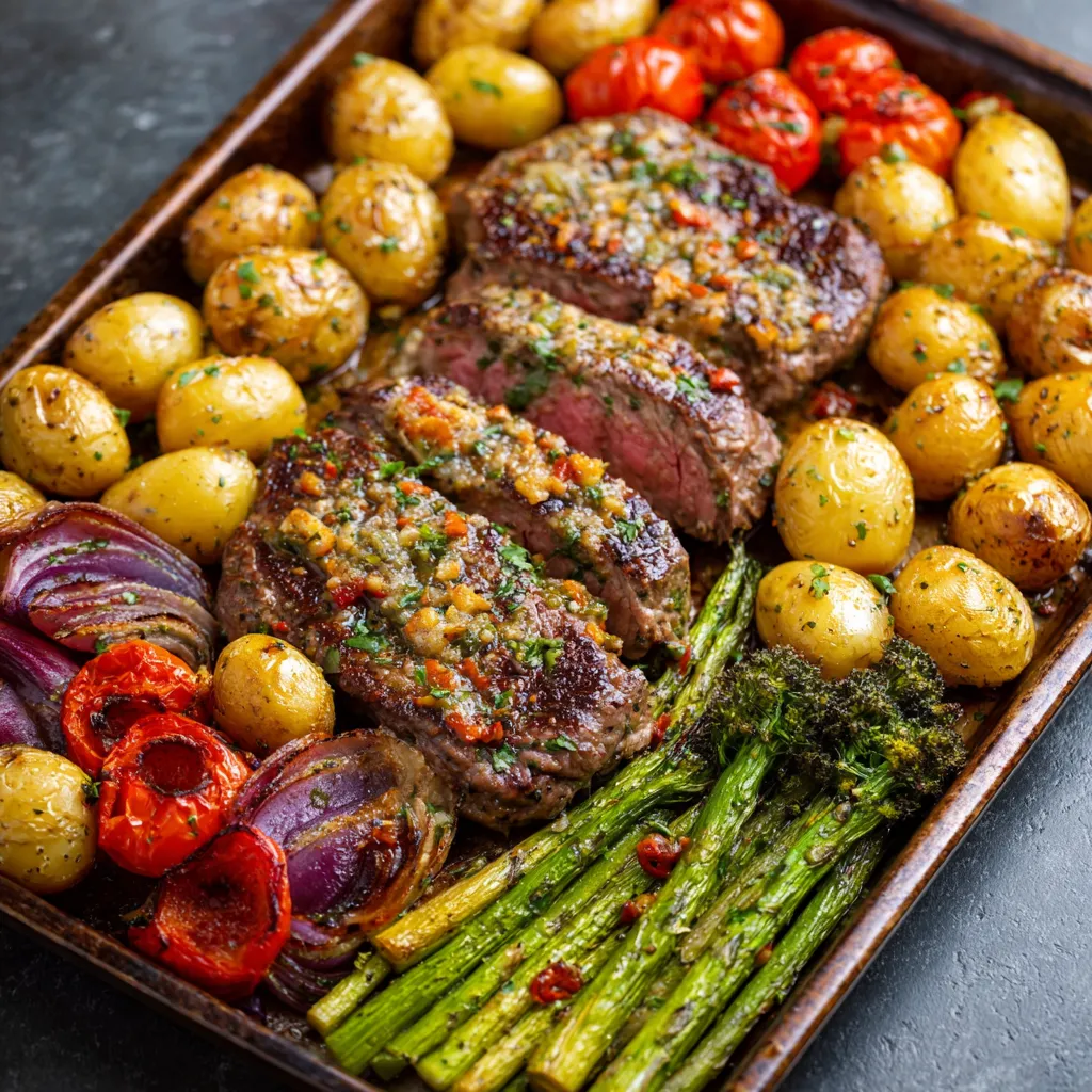 Close-up shot of perfectly cooked Sheet Pan Steak And Veggies, showcasing tender steak and vibrant vegetables on a baking sheet.