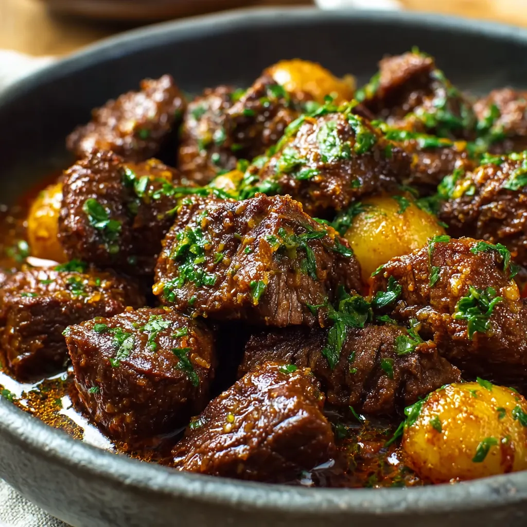 Close-up view of juicy Slow Cooker Garlic Beef Bites, cooked to perfection and ready to serve.