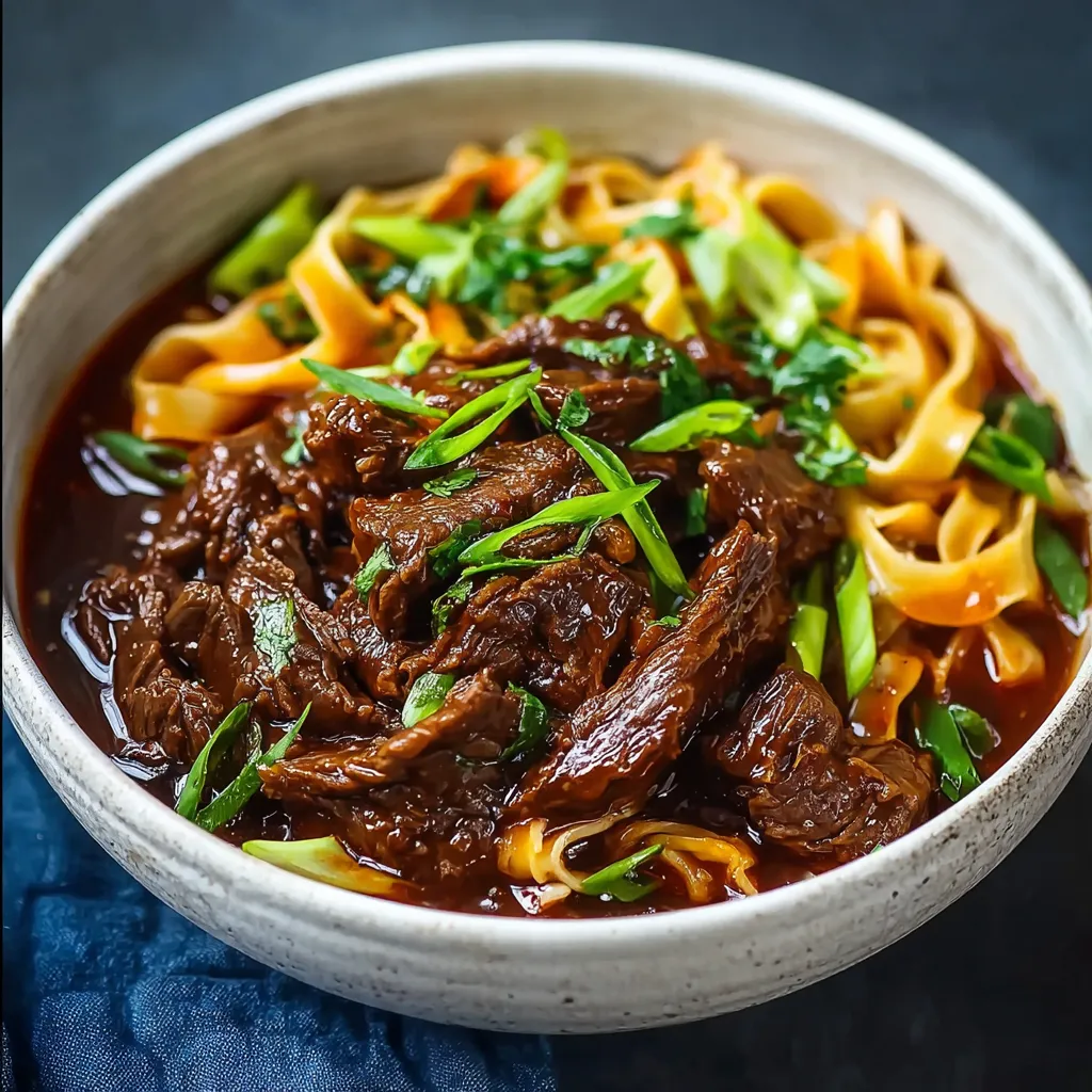 Close-up shot of delicious Slow Cooker Korean Beef Noodles, showcasing the tender beef and rich sauce.
