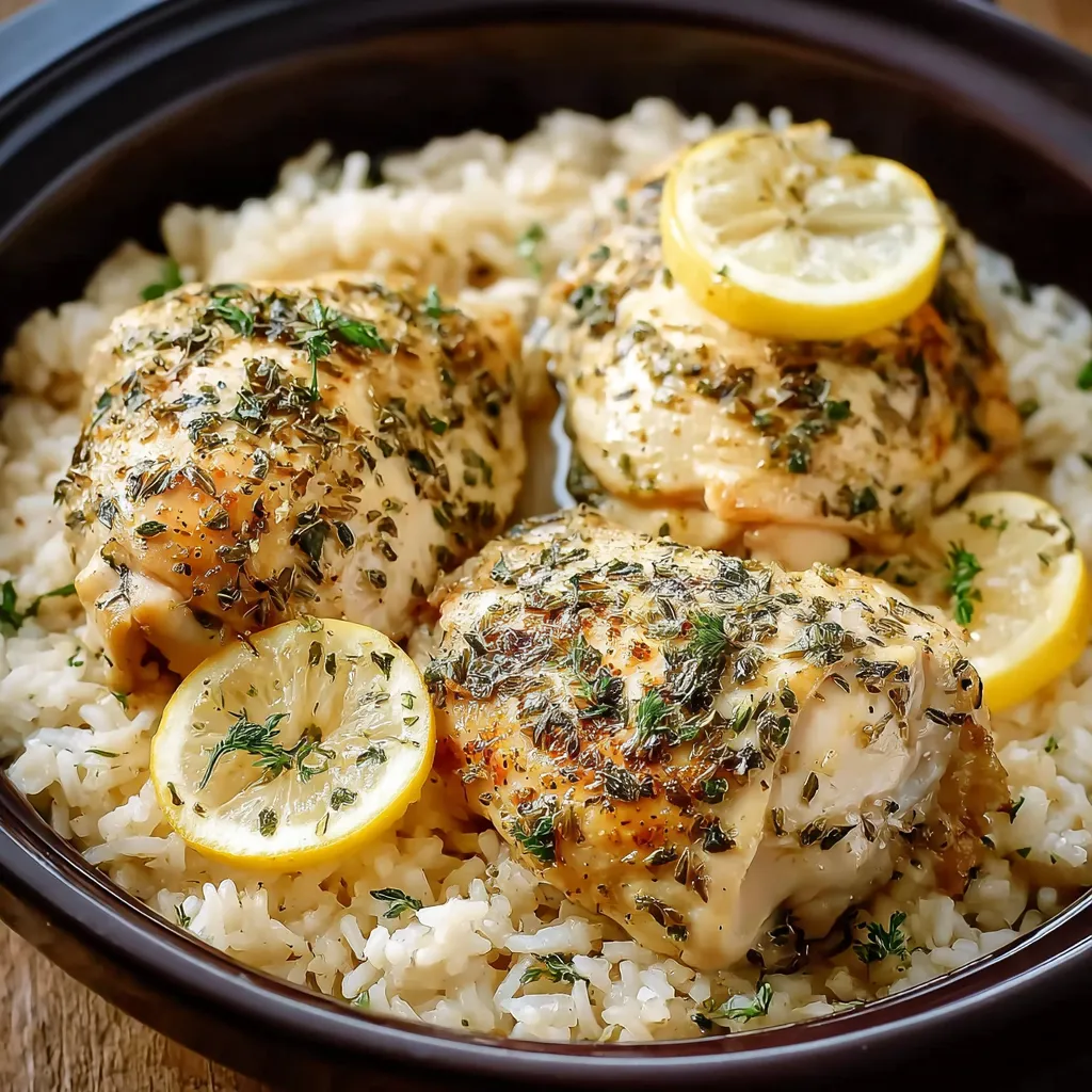 Close-up shot of Slow Cooker Lemon Herb Chicken and Rice served in a bowl, showcasing the tender chicken and fluffy rice.