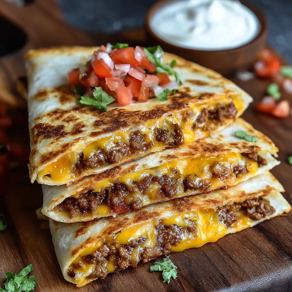 A close-up shot showcases delicious, cheesy Smashburger Quesadillas, highlighting the melted cheese and grilled tortilla.