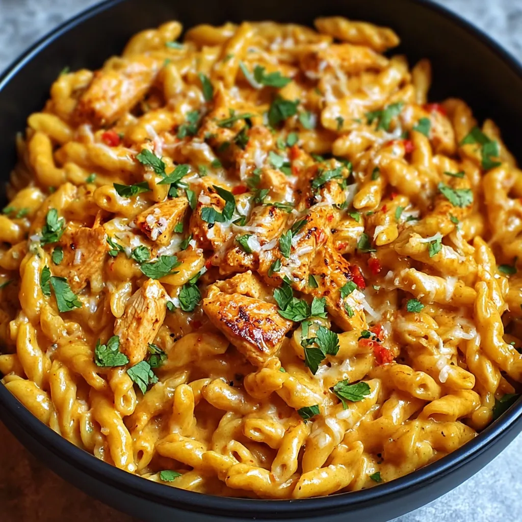 Close-up view of creamy Smoky Chipotle Cheesy Chicken Pasta featuring tender chicken, chipotle peppers, and melted cheese.