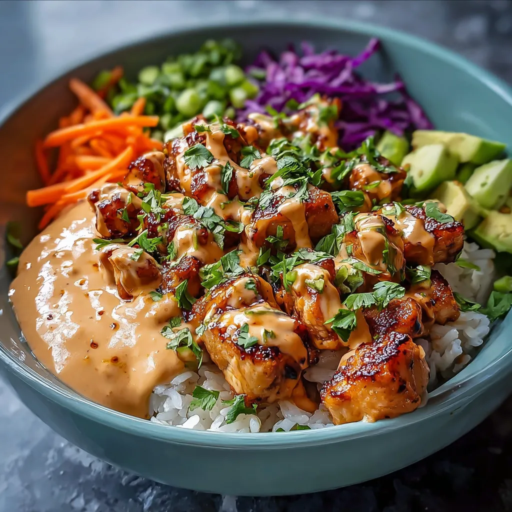 A close-up shot showcases a vibrant Spicy Bang Bang Chicken Bowl with visible layers of chicken, vegetables, and sauce.
