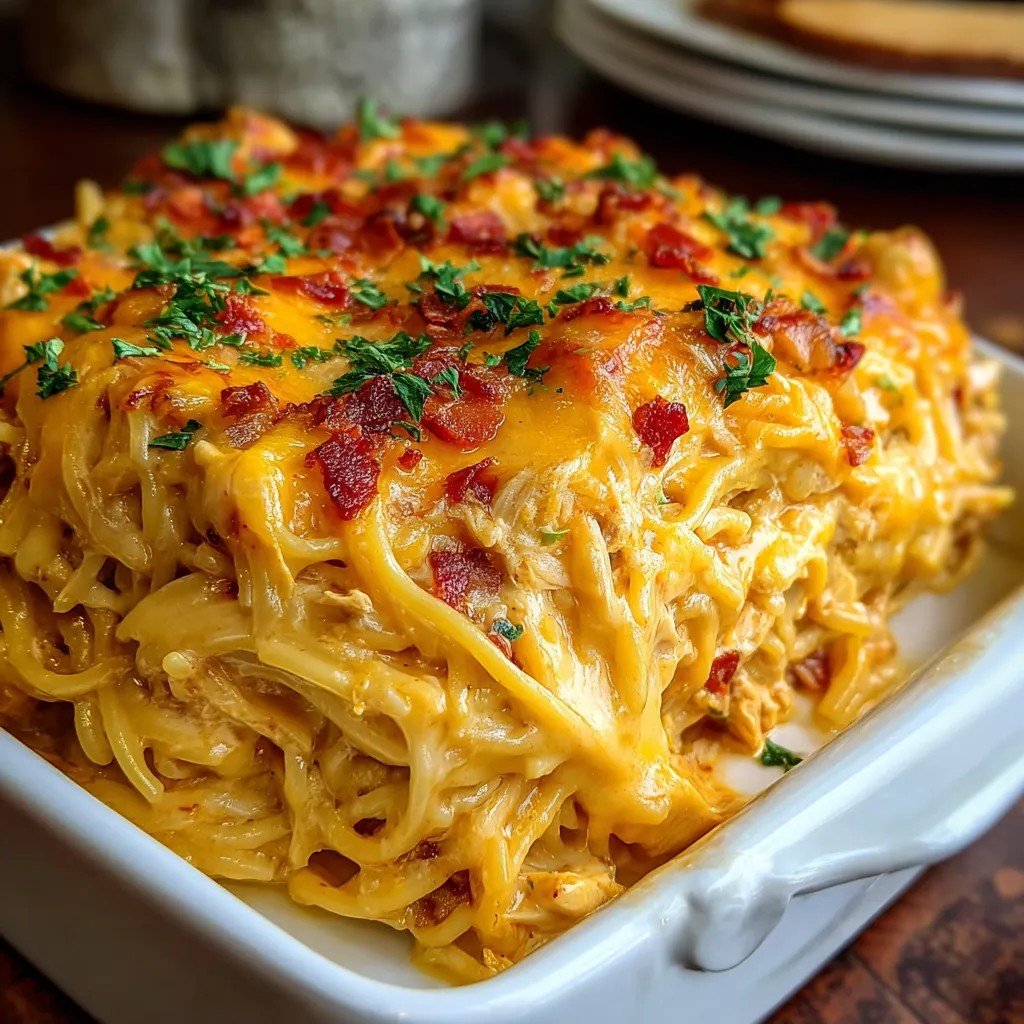 A close-up shot of a freshly baked Spicy Chicken Spaghetti Casserole reveals its cheesy, golden-brown topping and savory chicken filling.