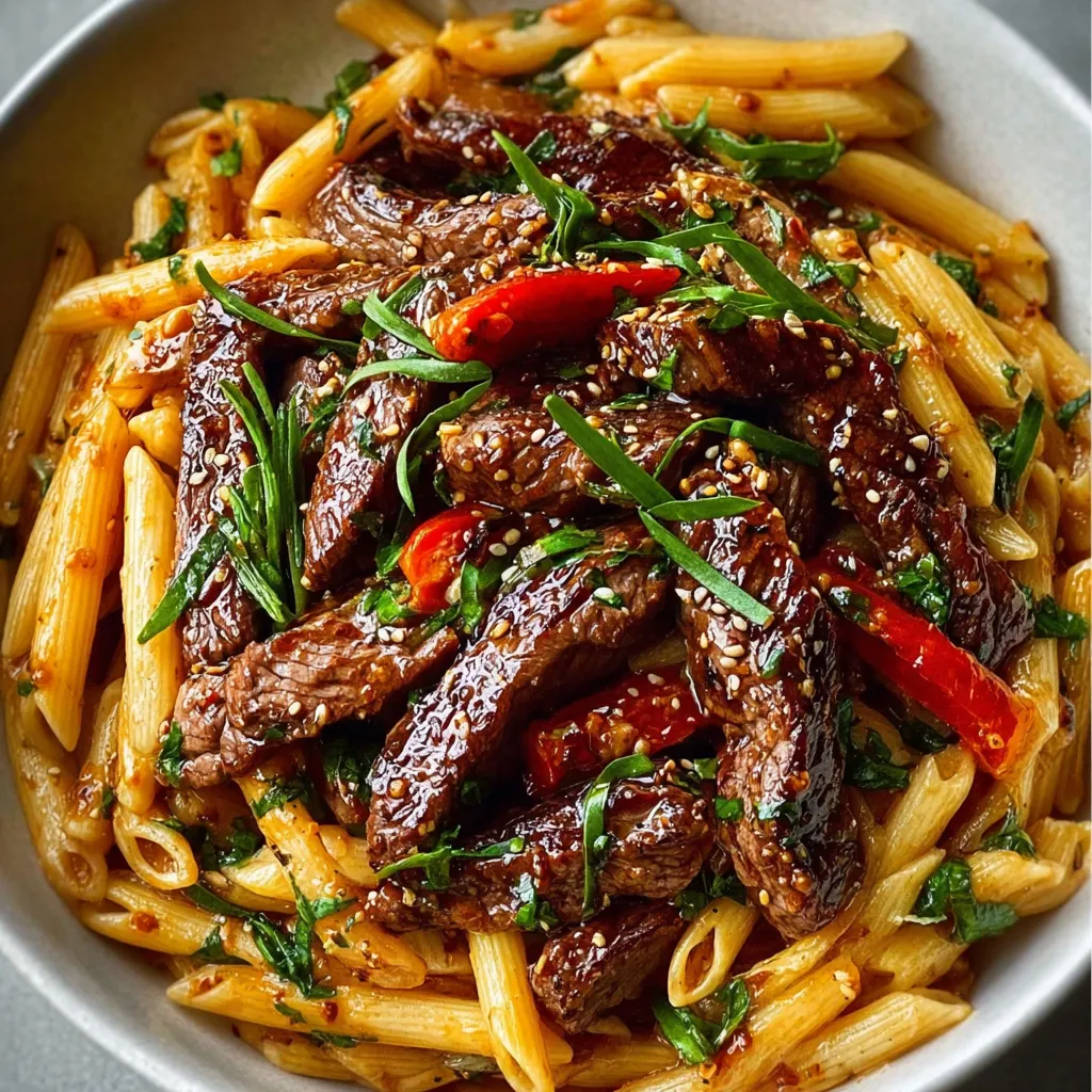 Close-up shot of a delicious plate of Spicy Garlic Steak Pasta, showcasing the tender steak and vibrant sauce.