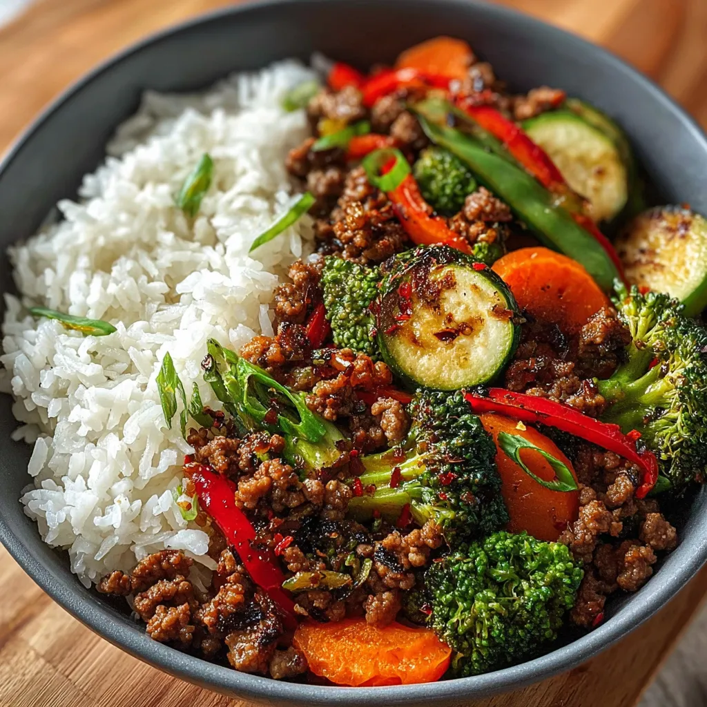 Close-up of a vibrant Spicy Ground Beef Stir-Fry Bowl with colorful vegetables and a glossy sauce.