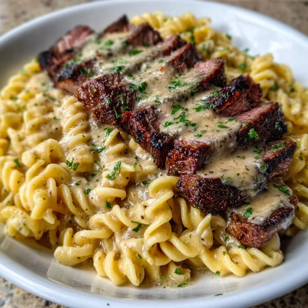 Close-up shot of delicious Steak And Creamy Garlic Parmesan Pasta, showcasing the creamy sauce and perfectly cooked steak.