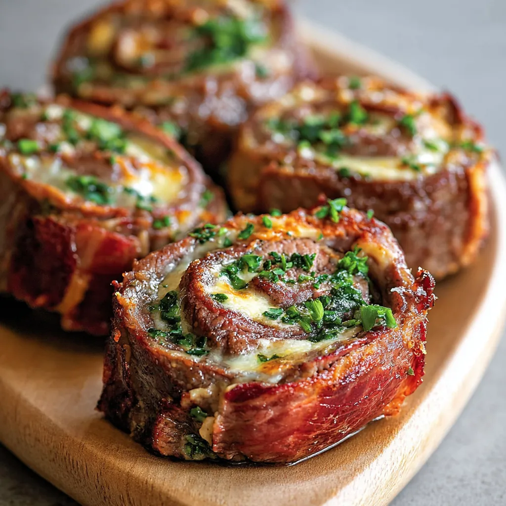 Close-up showing a delicious serving of freshly made Steak Pinwheels, ready to eat.