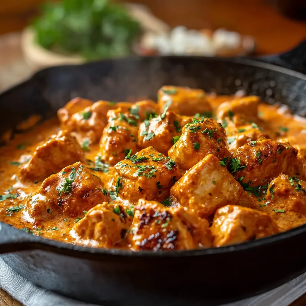 Close-up view of the creamy and delicious Texas Roadhouse Butter Chicken Skillet, showcasing its rich sauce and tender chicken pieces.