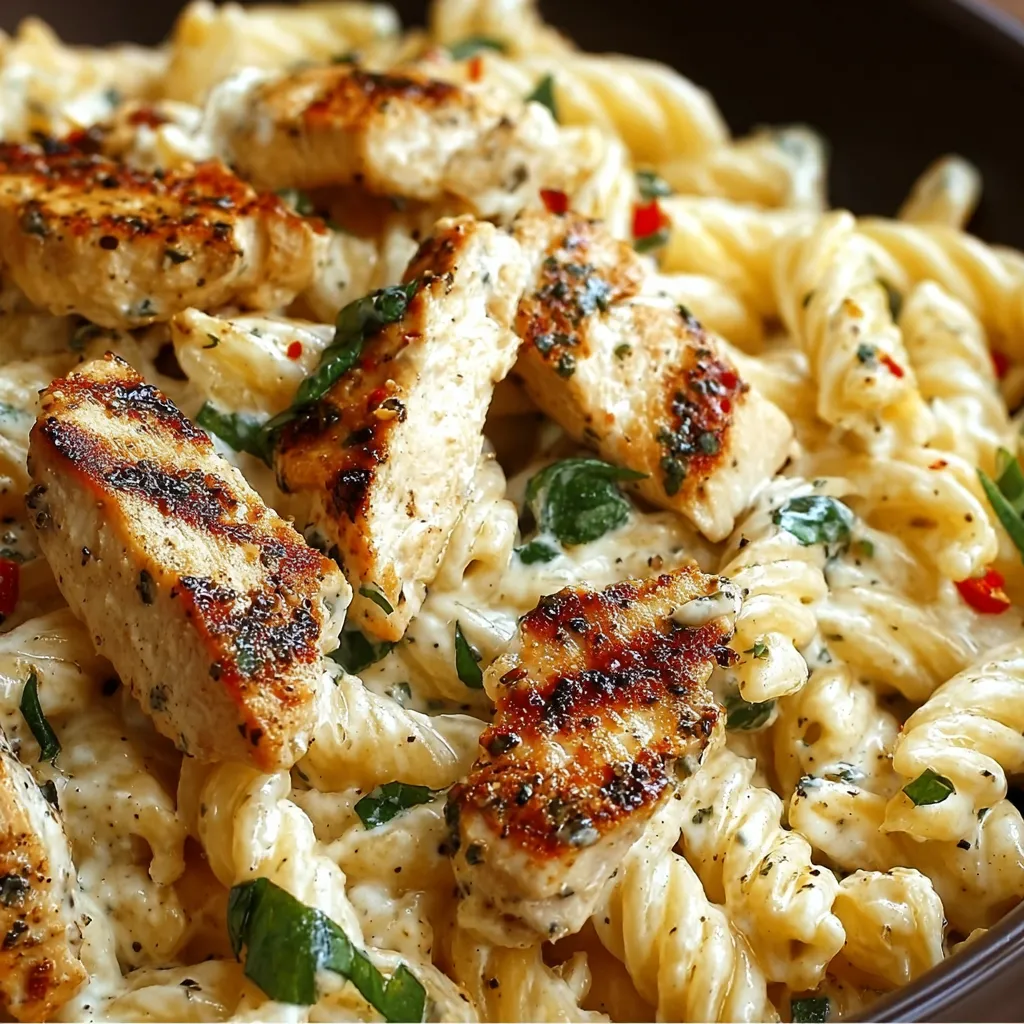 Close-up showing the creamy texture of Boursin Chicken Pasta in a serving bowl.