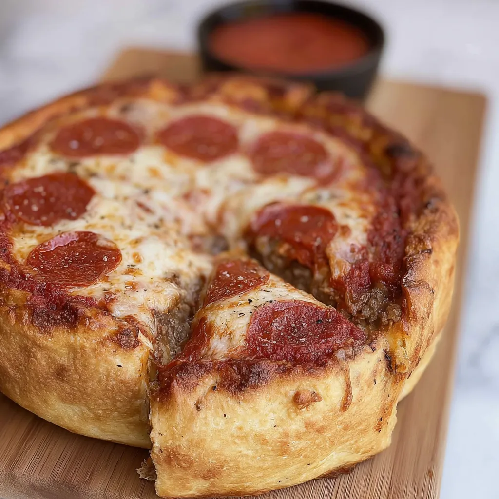 A fresh-baked Chicago-Style Deep Dish Pizza sits ready to be sliced and served.