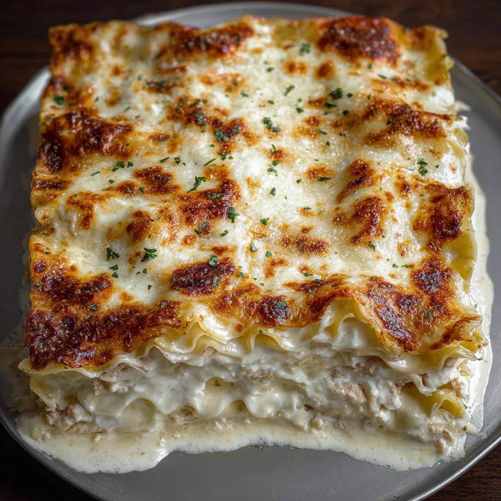A close-up view of Chicken Alfredo Lasagna, showcasing its creamy layers and golden-brown top.