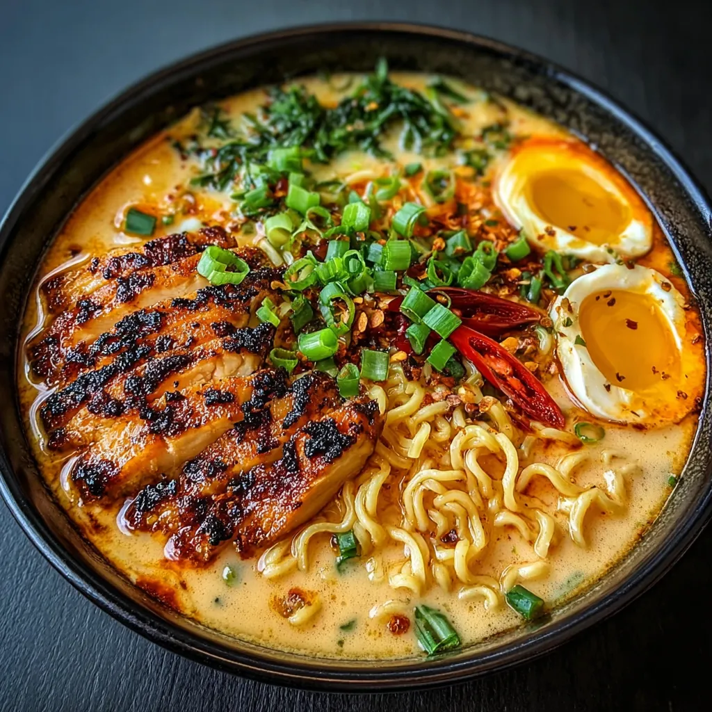 Close-up shot of a steaming bowl of Chicken Ramen with noodles, broth, chicken, and vegetables.