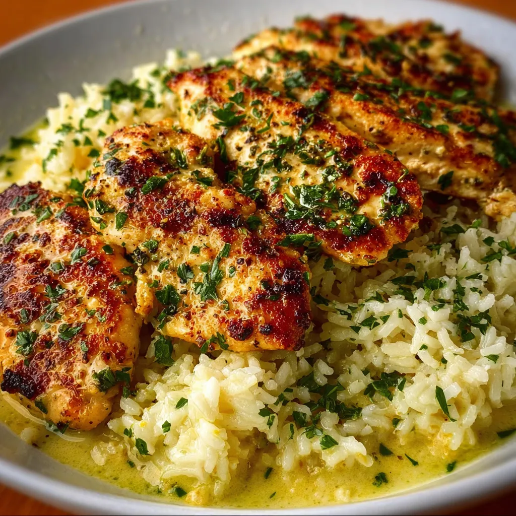 Close-up of creamy Chicken Scampi Garlic Parmesan Rice, showcasing the dish's texture and ingredients.