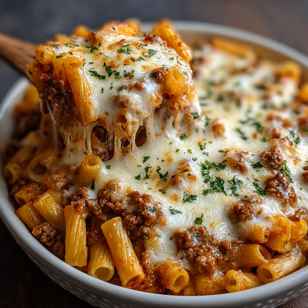 Close-up of a delicious, bubbling Baked Ziti casserole ready to be served.
