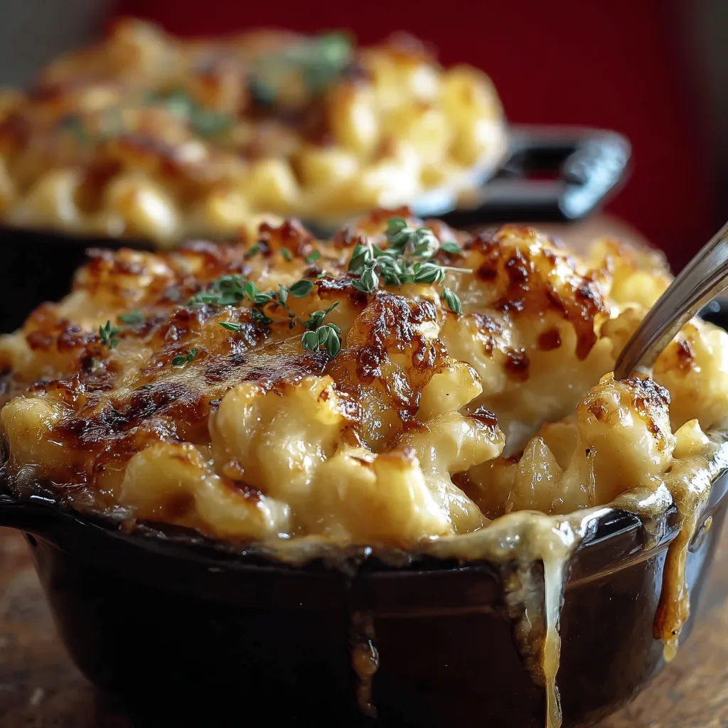 Close-up of creamy French Onion Soup Mac & Cheese, highlighting the caramelized onions and melted cheese.
