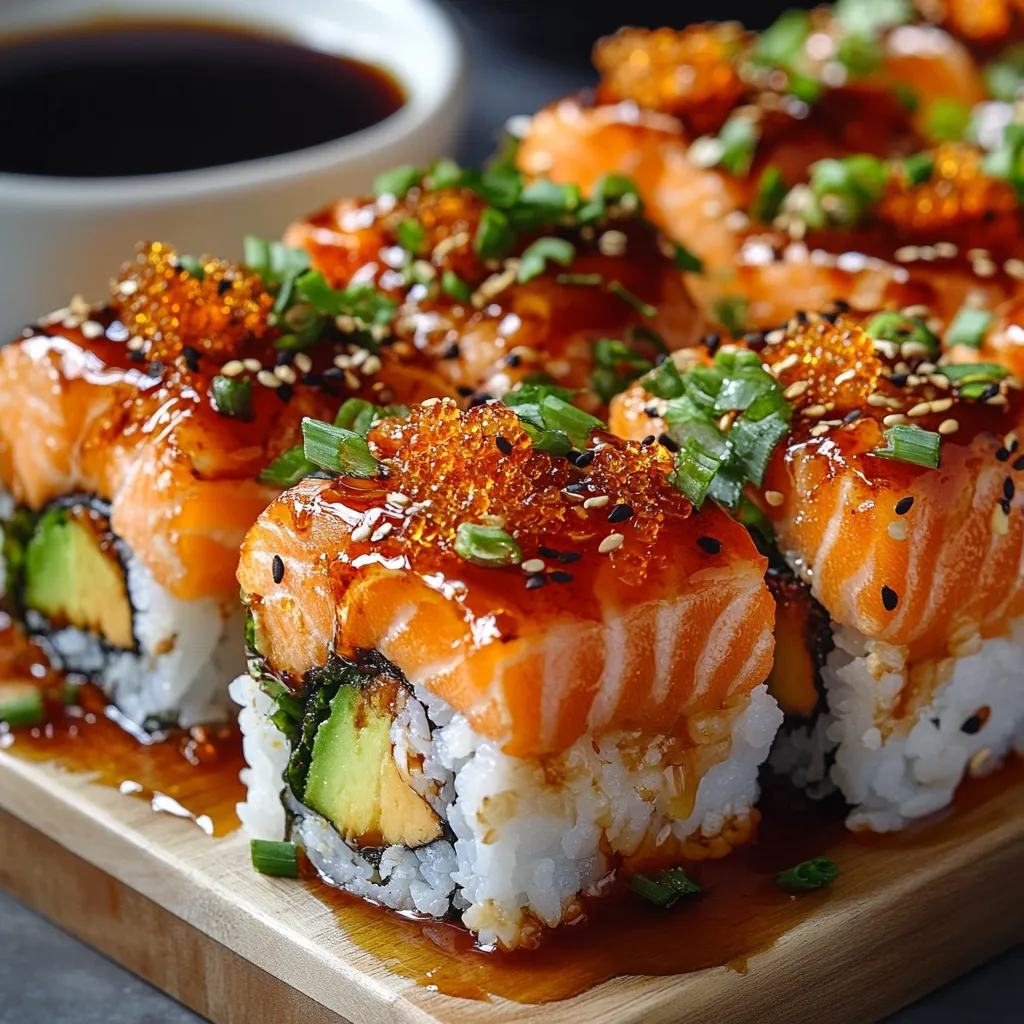 Close-up shot of a freshly baked Spicy Salmon Sushi Bake, ready to be served.