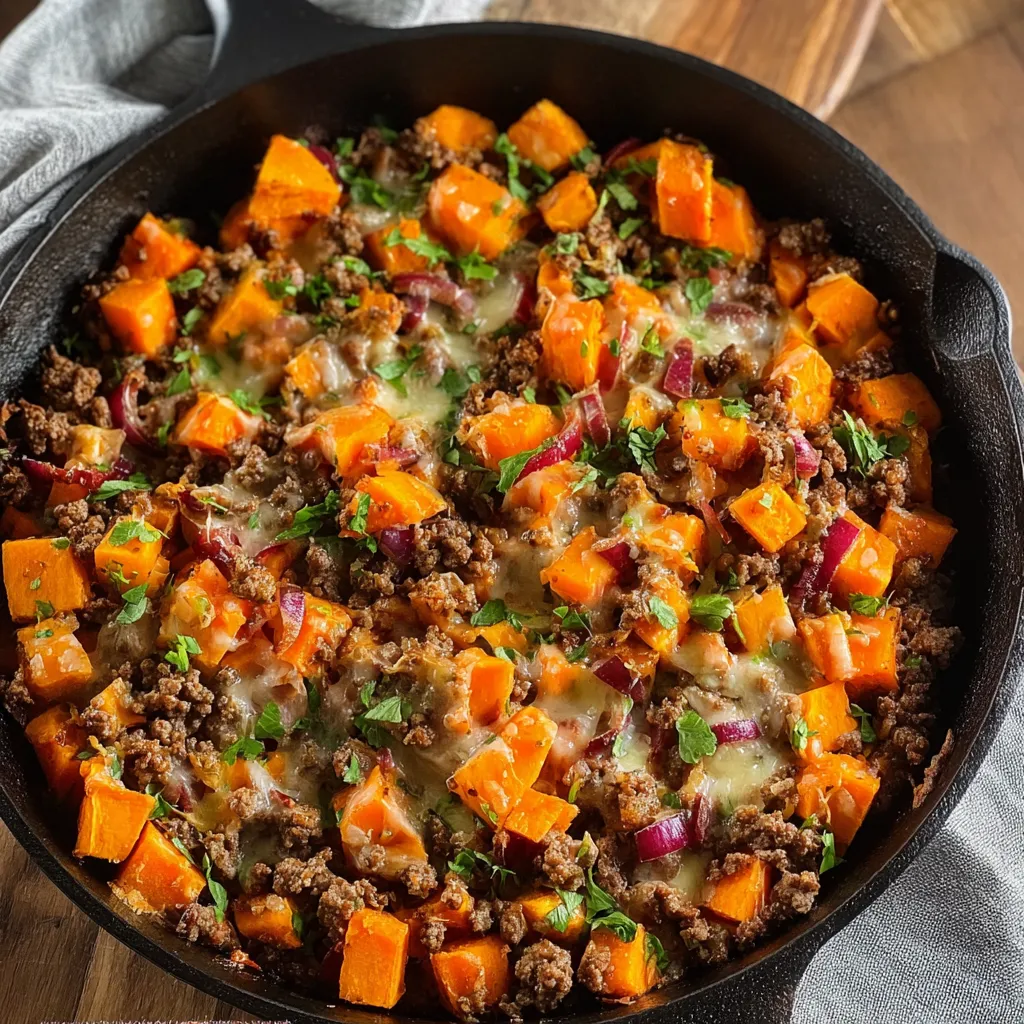 EASY CHEESY TEX-MEX GROUND BEEF SWEET POTATO SKILLET