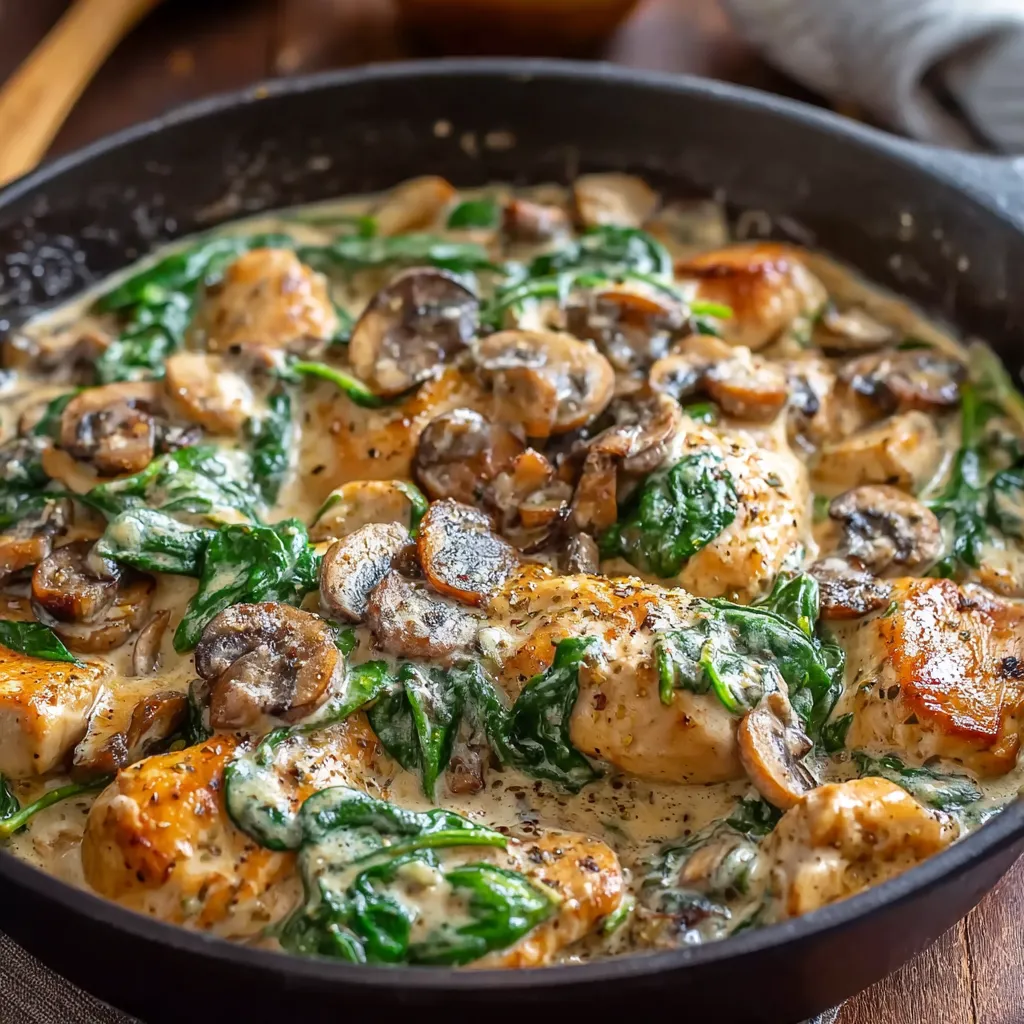 EASY CHICKEN MUSHROOM SPINACH SKILLET