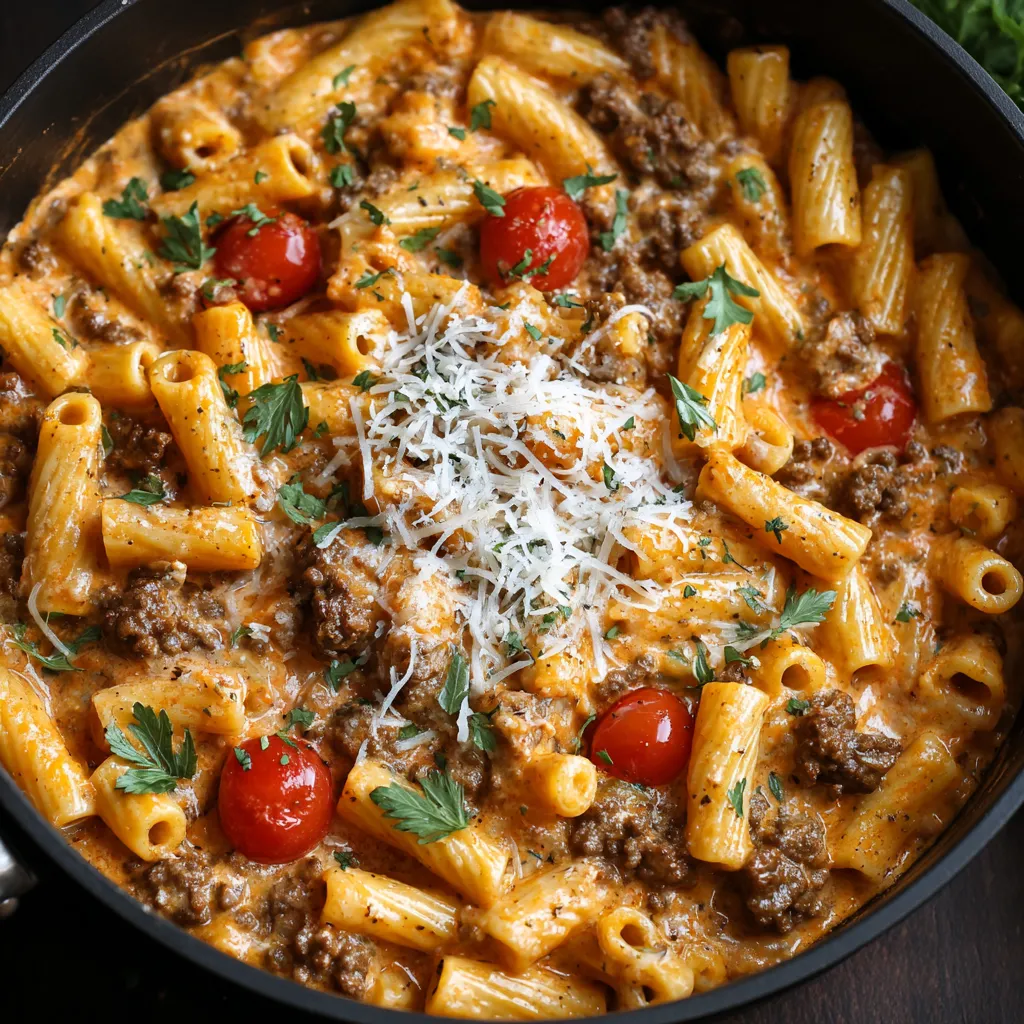 EASY CREAMY TOMATO BEEF PASTA