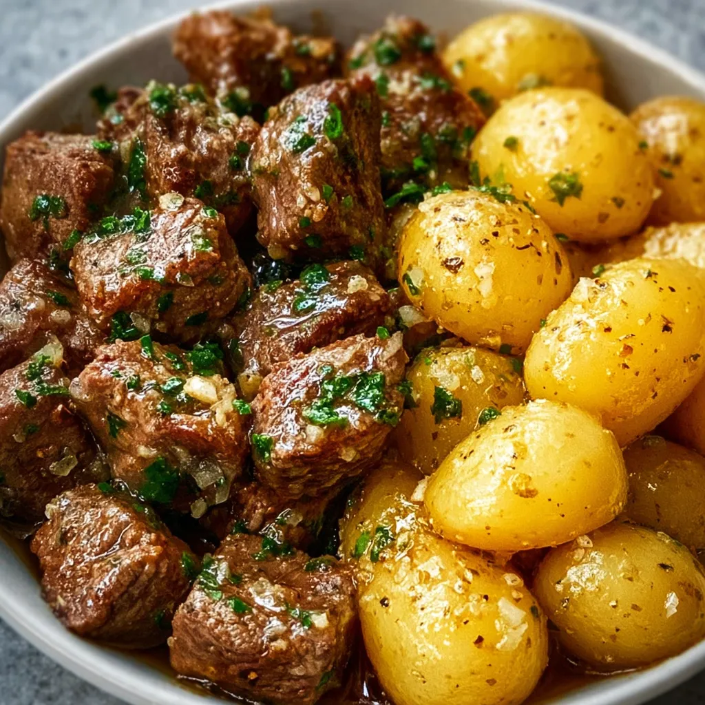 GARLIC BUTTER BEEF BITES AND POTATOES EASY