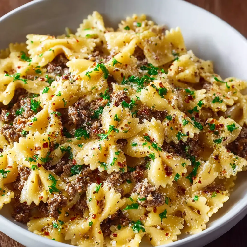 GARLIC BUTTER BOWTIE PASTA WITH GROUND BEEF ULTIMATE