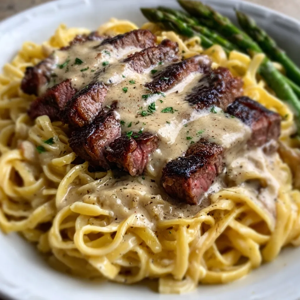 STEAK AND CREAMY GARLIC PARMESAN PASTA AMAZING