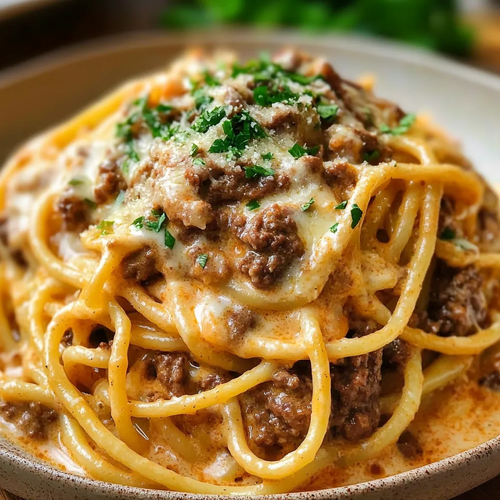 Cajun Beef Spaghetti in Creamy Three-Cheese Parmesan Sauce