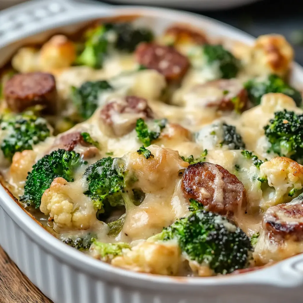 Easy Keto Broccoli & Cauliflower Au Gratin with Sausage