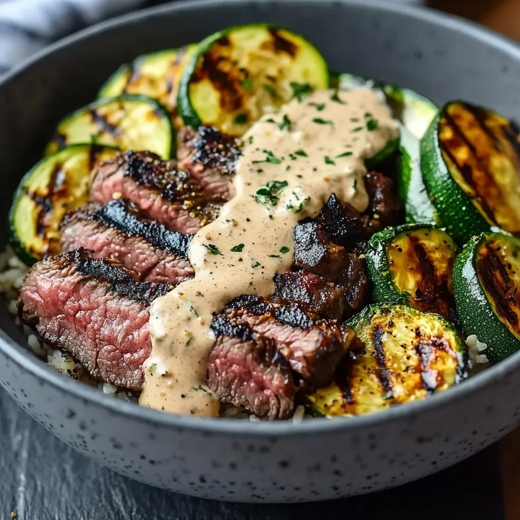 Grilled Steak Bowl with Creamy Sauce & Grilled Zucchini