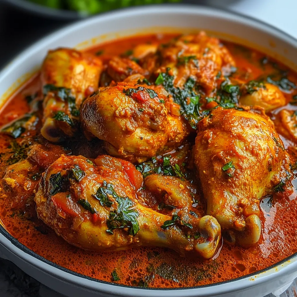 A close-up shot displays a vibrant bowl of Nigerian Chicken Stew, showcasing the rich, flavorful sauce and tender chicken pieces.