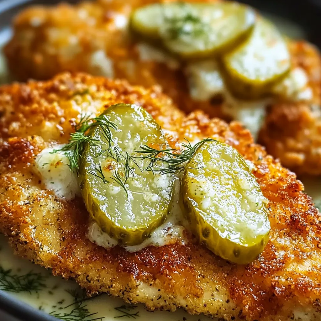 Close-up shot of juicy Dill Pickle Parmesan Chicken, showcasing its crispy coating and cheesy topping.