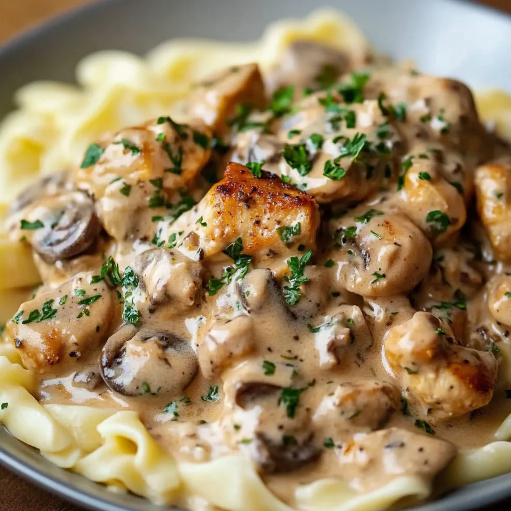 Creamy Chicken Stroganoff with tender chicken pieces and a rich sauce, ready to be served.