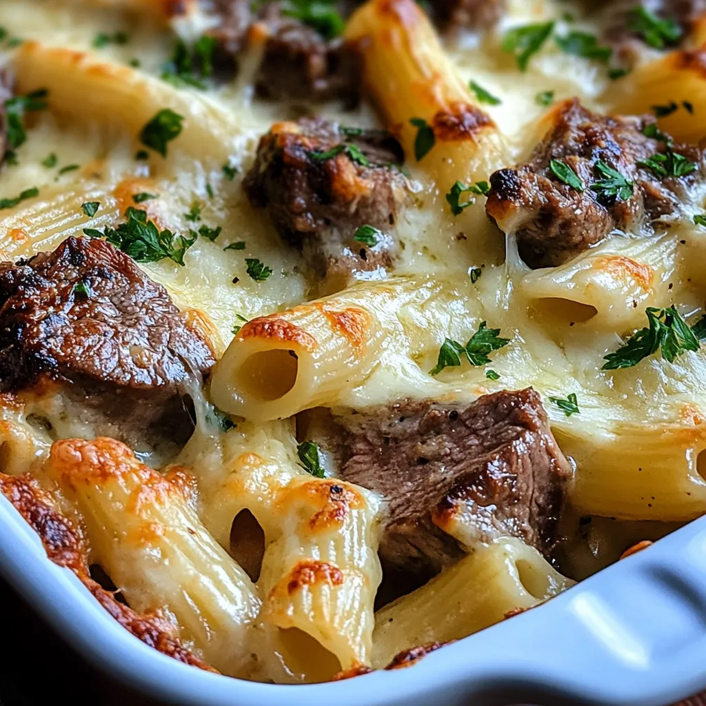 Close-up shot of a freshly baked Steak Truffle Gouda Pasta Bake Simple Flavorful Dinner, showcasing its cheesy, browned top.