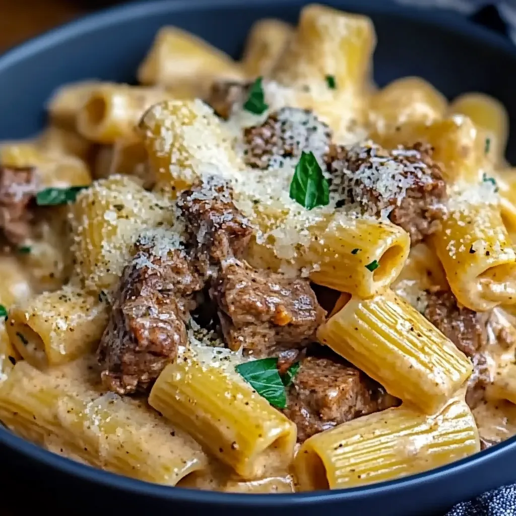 Cremiges Parmesan Rindfleisch mit Rigatoni Pasta