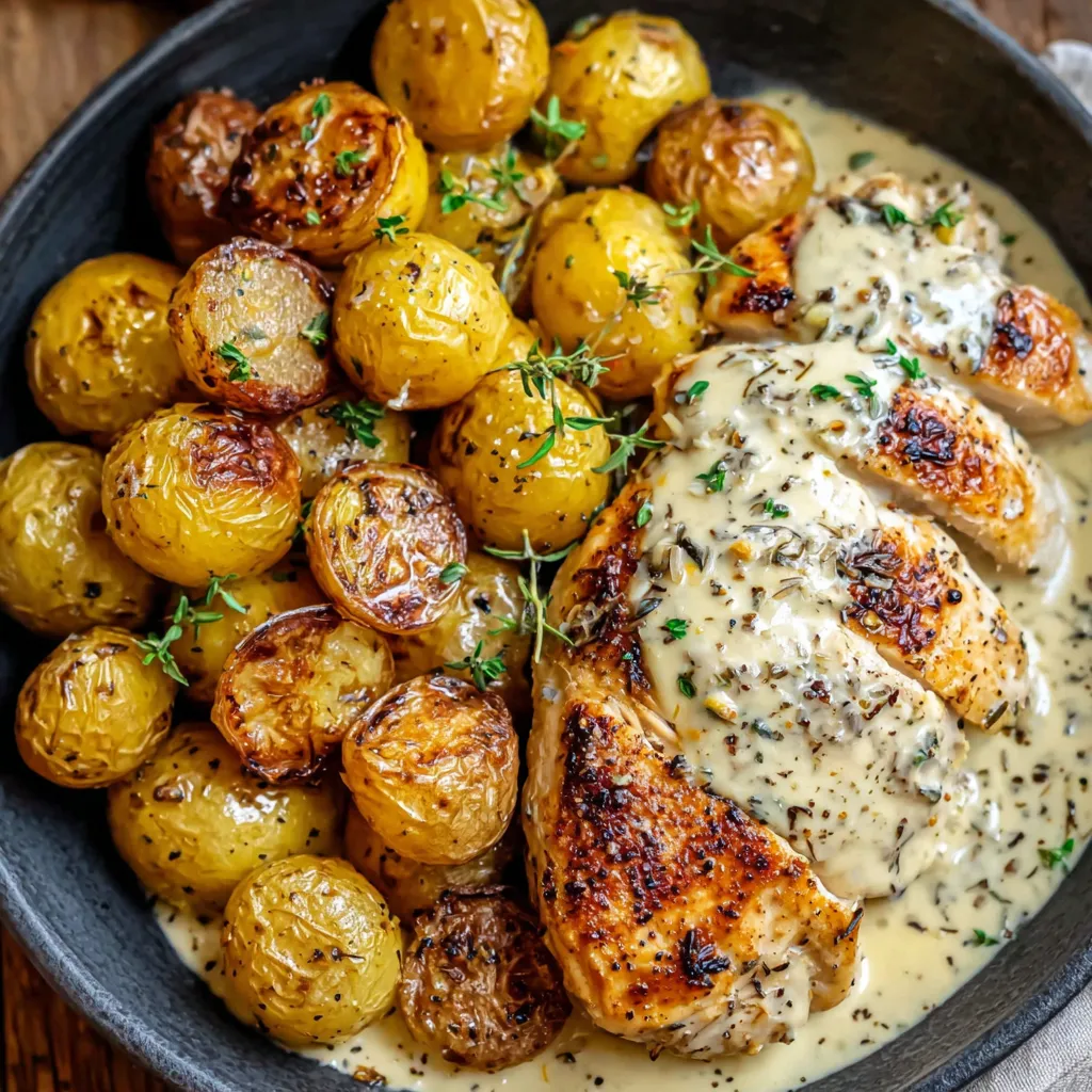 Creamy Garlic Chicken & Roasted Baby Potatoes