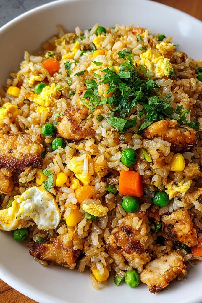 High Protein Crispy Garlic Chicken Fried Rice