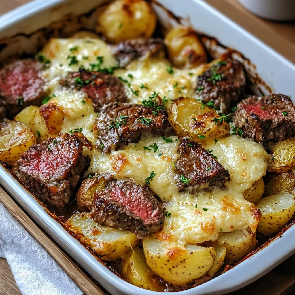 Garlic Butter Steak and Cheddar Potato Bake