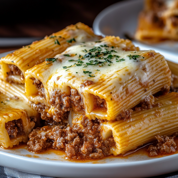 Baked Rigatoni Stuffed with Beef Ragu and Mozzarella