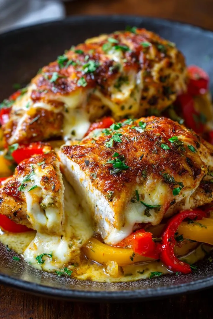 One-Pan Cheesy Mediterranean Chicken & Peppers