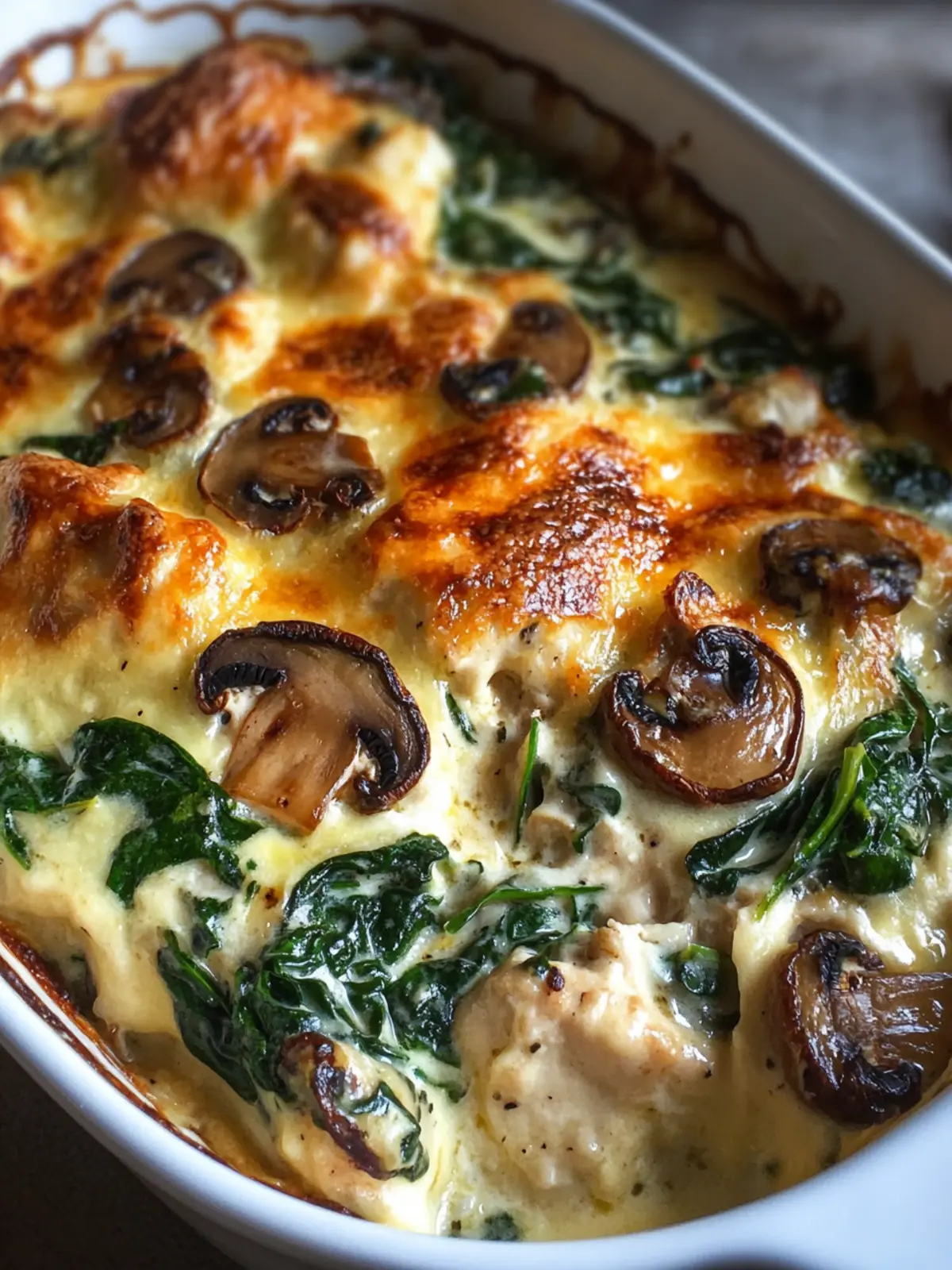Creamy Cheesy Chicken, Spinach and Mushroom Bake