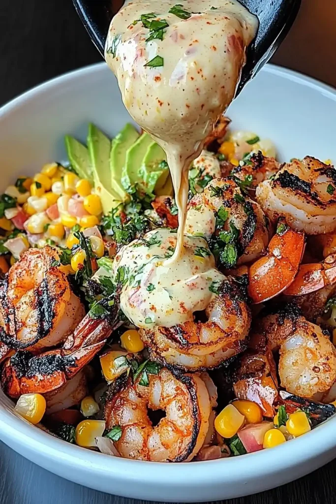 Grilled Shrimp Bowl with Avocado Corn Salsa & Creamy Garlic Sauce