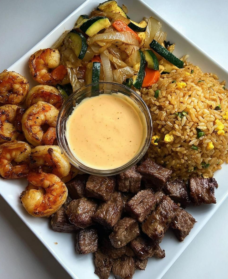 Hibachi Steak & Shrimp with Fried Rice and Yum Yum Sauce