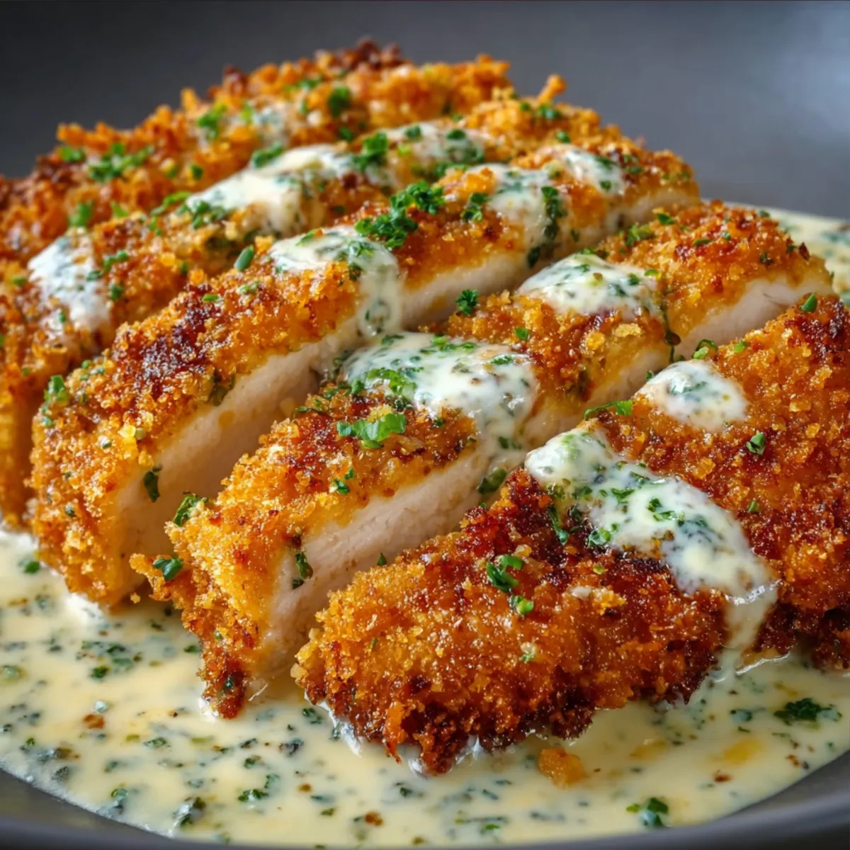 Crispy Parmesan Chicken with Creamy Garlic Sauce