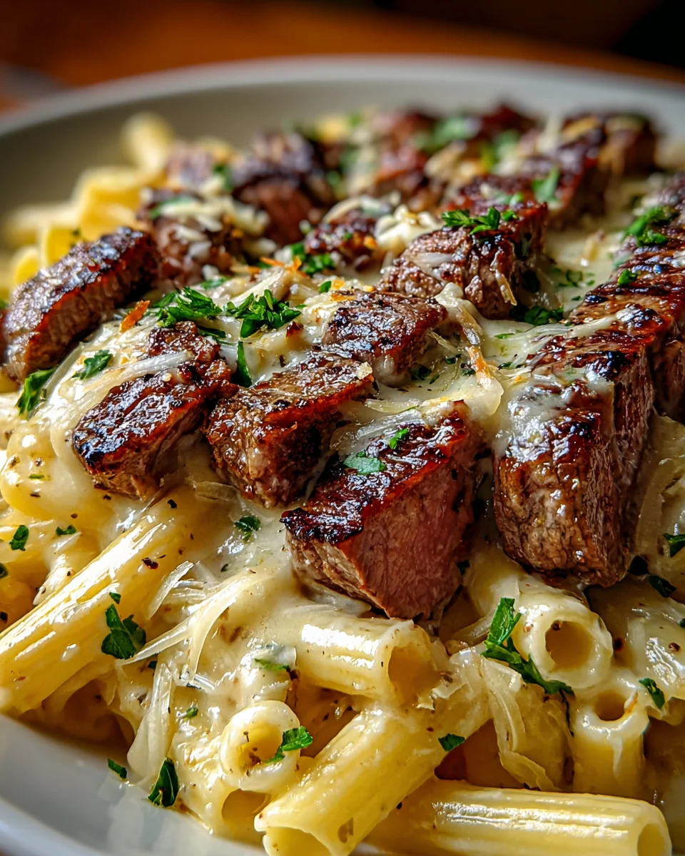 Steak and Creamy Garlic Parmesan Pasta