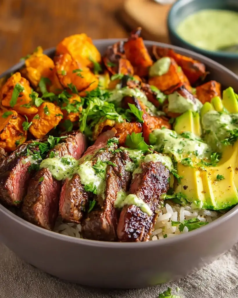 Steak and Sweet Potato Bowls with Avocado-Cilantro Drizzle