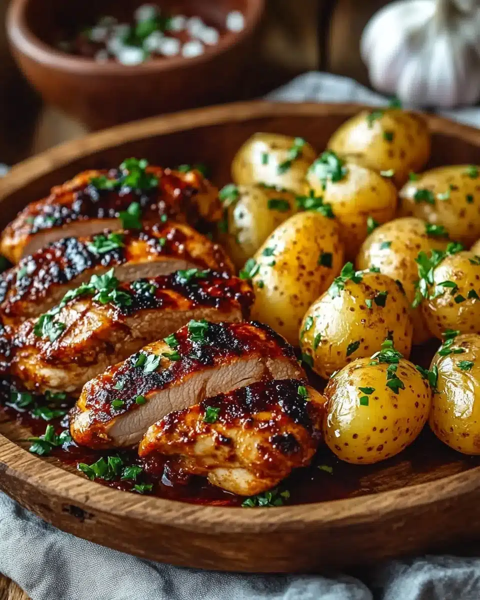 High Protein Honey BBQ Chicken with Creamy Garlic Parmesan Potatoes